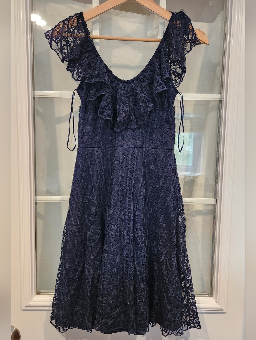 Suzy Shier Navy Lace Midi Dress with Ruffle Detail
